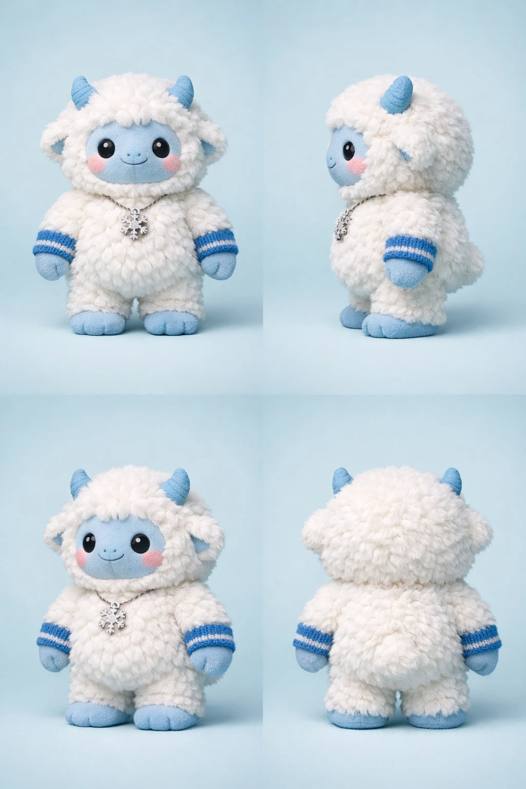 Example output from the 3D Plush Toy Turnaround Renders ChatGPT prompt: white yeti toddler plush with blue horns, mittens and a snowflake necklace, four-view turnaround on a light-blue background.