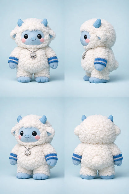 Example output from the 3D Plush Toy Turnaround Renders ChatGPT prompt: white yeti toddler plush with blue horns, mittens and a snowflake necklace, four-view turnaround on a light-blue background.