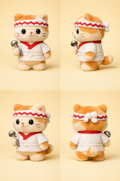 Example output from the 3D Plush Toy Turnaround Renders ChatGPT prompt: orange-and-white cat plush in a chef's coat and headband holding a ladle, four-view turnaround on a cream background.
