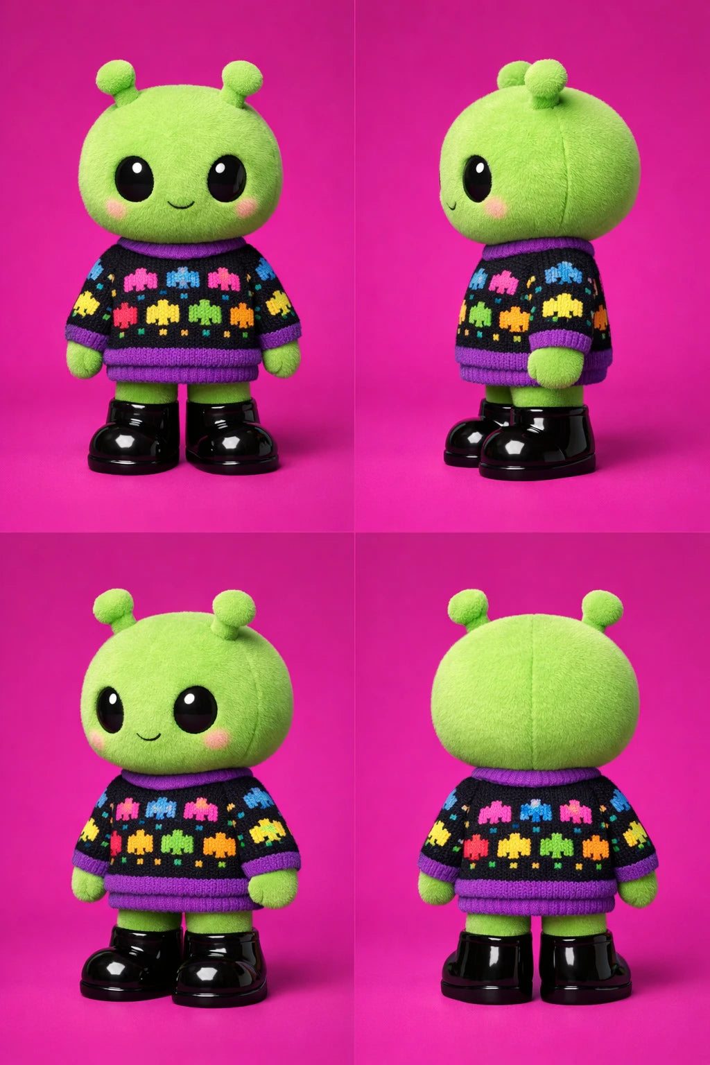 Example output from the 3D Plush Toy Turnaround Renders ChatGPT prompt: green alien plush in a knit sweater with pixel space-invader motifs and shiny black boots, four-view turnaround on a magenta background.