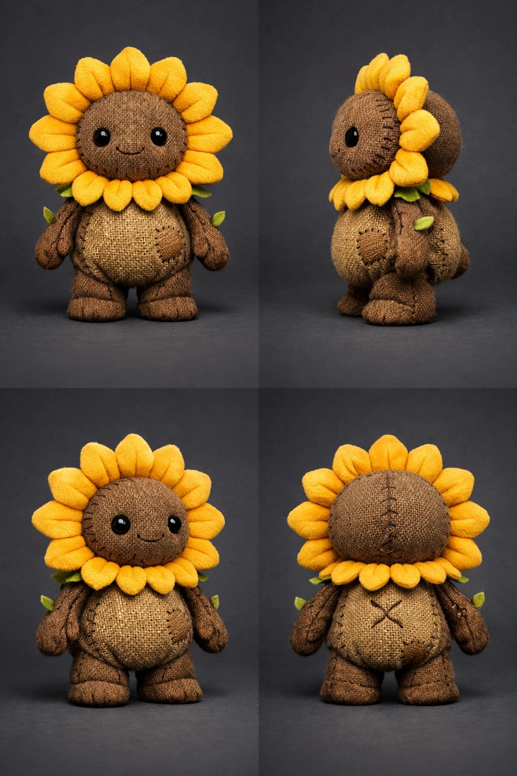 Example output from the 3D Plush Toy Turnaround Renders ChatGPT prompt: burlap-textured sunflower creature plush with yellow petals and a stitched smile, four-view turnaround on a dark-gray background.