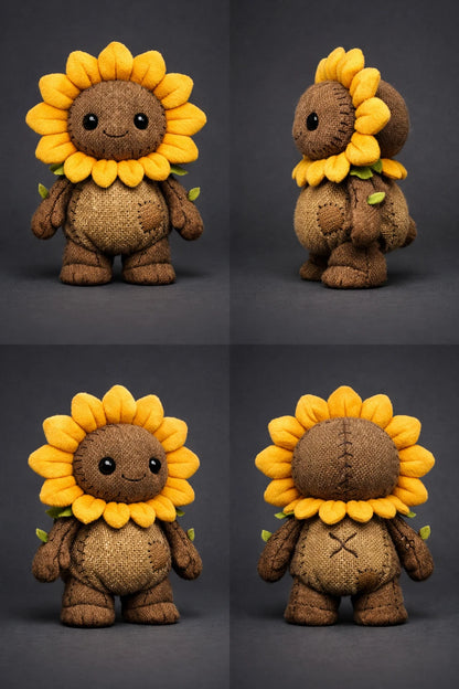 Example output from the 3D Plush Toy Turnaround Renders ChatGPT prompt: burlap-textured sunflower creature plush with yellow petals and a stitched smile, four-view turnaround on a dark-gray background.