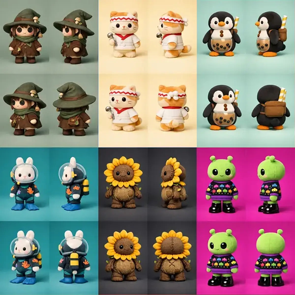Example output from the 3D Plush Toy Turnaround Renders ChatGPT prompt: a nine-character grid of cute 3D plush toy turnarounds shown from multiple angles with soft fabric textures, studio lighting and colorful backdrops — forest witch, ramen chef cat, bubble-tea penguin, diver bunny, sunflower creature, retro arcade alien, yeti, mail-carrier hedgehog and dragon barista.