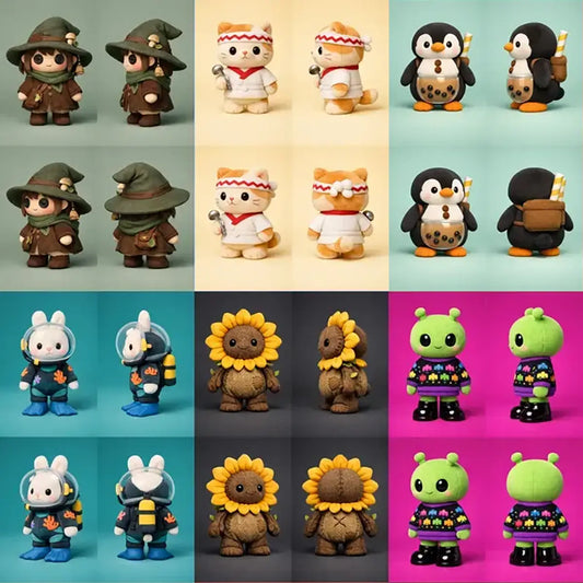 Example output from the 3D Plush Toy Turnaround Renders ChatGPT prompt: a nine-character grid of cute 3D plush toy turnarounds shown from multiple angles with soft fabric textures, studio lighting and colorful backdrops — forest witch, ramen chef cat, bubble-tea penguin, diver bunny, sunflower creature, retro arcade alien, yeti, mail-carrier hedgehog and dragon barista.