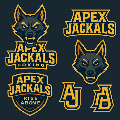 Example output from the 3D Sport Mascot Logo Families ChatGPT prompt: bold mascot branding packs with 3D vector-style logos, layered textures, expressive fonts, and rich color palettes—perfect for elite sports identities. Apex Jackals.