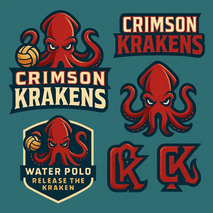 Example output from the 3D Sport Mascot Logo Families ChatGPT prompt: bold mascot branding packs with 3D vector-style logos, layered textures, expressive fonts, and rich color palettes—perfect for elite sports identities. Crimson Krakens.