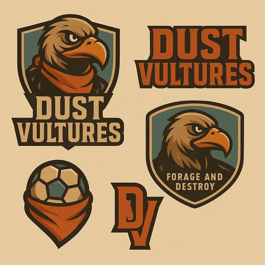 Example output from the 3D Sport Mascot Logo Families ChatGPT prompt: bold mascot branding packs with 3D vector-style logos, layered textures, expressive fonts, and rich color palettes—perfect for elite sports identities. Dust Vultures.