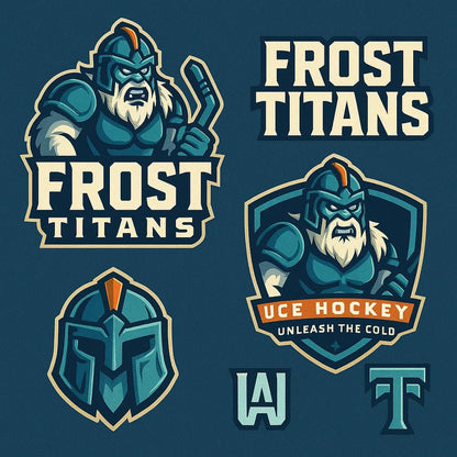 Example output from the 3D Sport Mascot Logo Families ChatGPT prompt: bold mascot branding packs with 3D vector-style logos, layered textures, expressive fonts, and rich color palettes—perfect for elite sports identities. Frost Titans.
