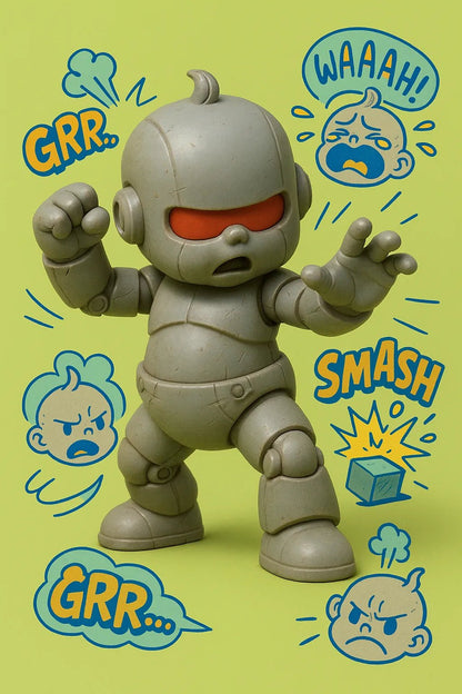 Example output from the 3D Toy Renders With Sketch Overlays ChatGPT prompt: vinyl toy characters with comic-style overlays, featuring photoreal 3D rendering, expressive sticker illustrations, grounded lighting, and stylized speech bubbles. Baby Robot.