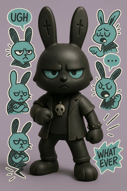 Example output from the 3D Toy Renders With Sketch Overlays ChatGPT prompt: vinyl toy characters with comic-style overlays, featuring photoreal 3D rendering, expressive sticker illustrations, grounded lighting, and stylized speech bubbles. Black Cat.