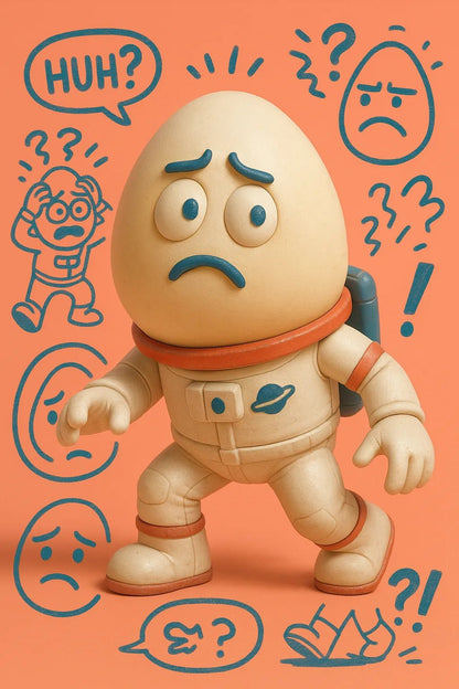 Example output from the 3D Toy Renders With Sketch Overlays ChatGPT prompt: vinyl toy characters with comic-style overlays, featuring photoreal 3D rendering, expressive sticker illustrations, grounded lighting, and stylized speech bubbles. Egg.