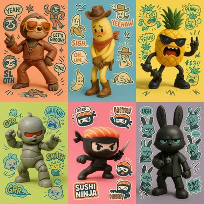 Example output from the 3D Toy Renders With Sketch Overlays ChatGPT prompt: vinyl toy characters with comic-style overlays, featuring photoreal 3D rendering, expressive sticker illustrations, grounded lighting, and stylized speech bubbles.