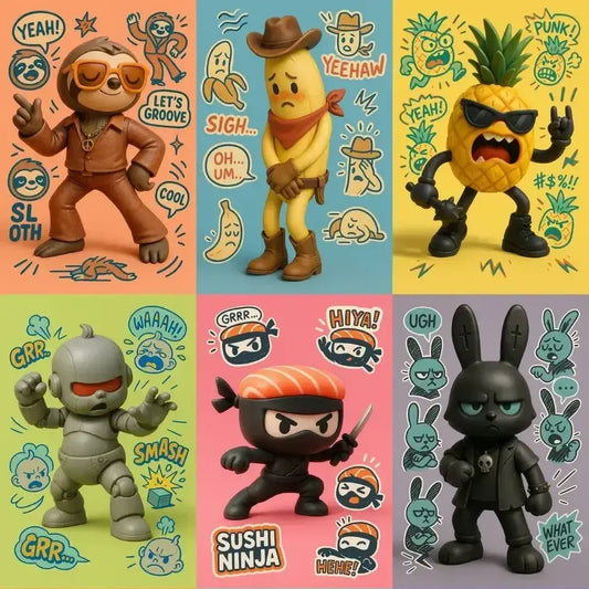 Example output from the 3D Toy Renders With Sketch Overlays ChatGPT prompt: vinyl toy characters with comic-style overlays, featuring photoreal 3D rendering, expressive sticker illustrations, grounded lighting, and stylized speech bubbles.