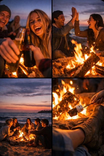 4-angle photo grid showing the same scene from wide, medium interaction, close-up detail, and dynamic perspective for shot planning: Bonfire