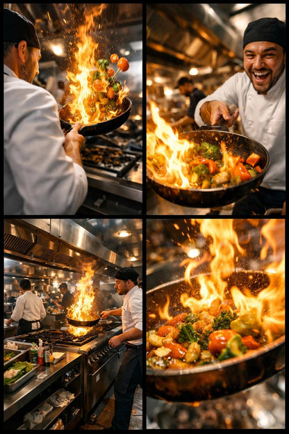 4-angle photo grid showing the same scene from wide, medium interaction, close-up detail, and dynamic perspective for shot planning: Chef