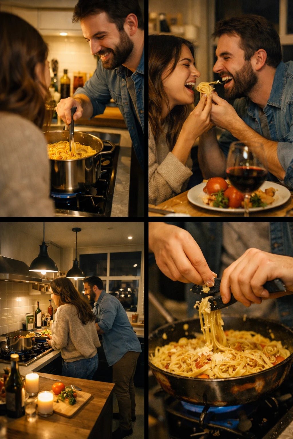 4-angle photo grid showing the same scene from wide, medium interaction, close-up detail, and dynamic perspective for shot planning: Cooking Pasta