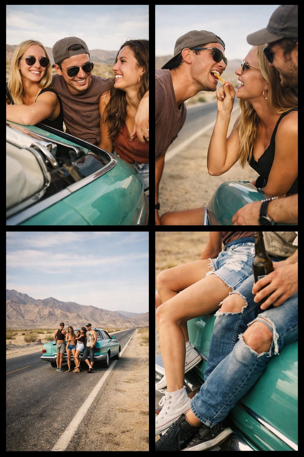 4-angle photo grid showing the same scene from wide, medium interaction, close-up detail, and dynamic perspective for shot planning: Desert Highway