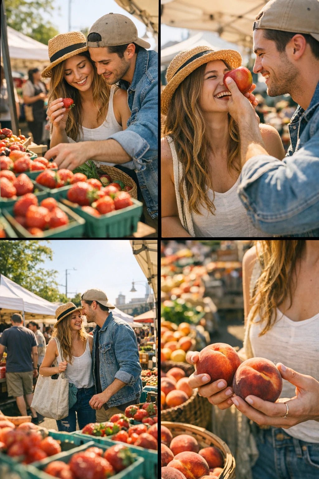 4-angle photo grid showing the same scene from wide, medium interaction, close-up detail, and dynamic perspective for shot planning: Fruits