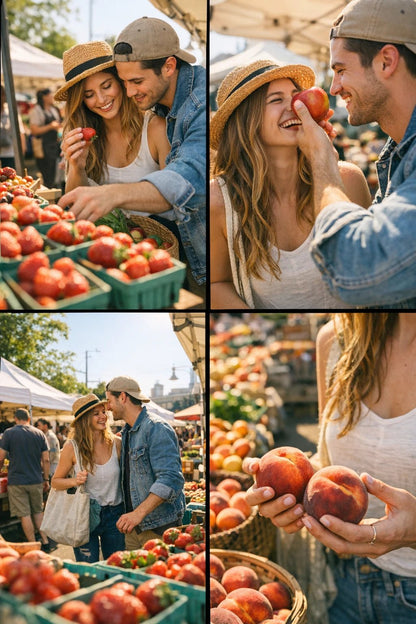 4-angle photo grid showing the same scene from wide, medium interaction, close-up detail, and dynamic perspective for shot planning: Fruits