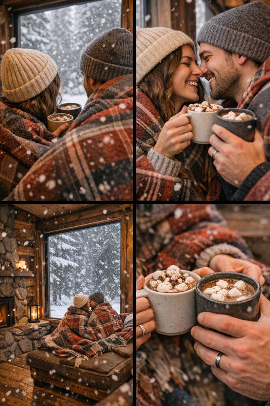 4-angle photo grid showing the same scene from wide, medium interaction, close-up detail, and dynamic perspective for shot planning: Hot Cocoa