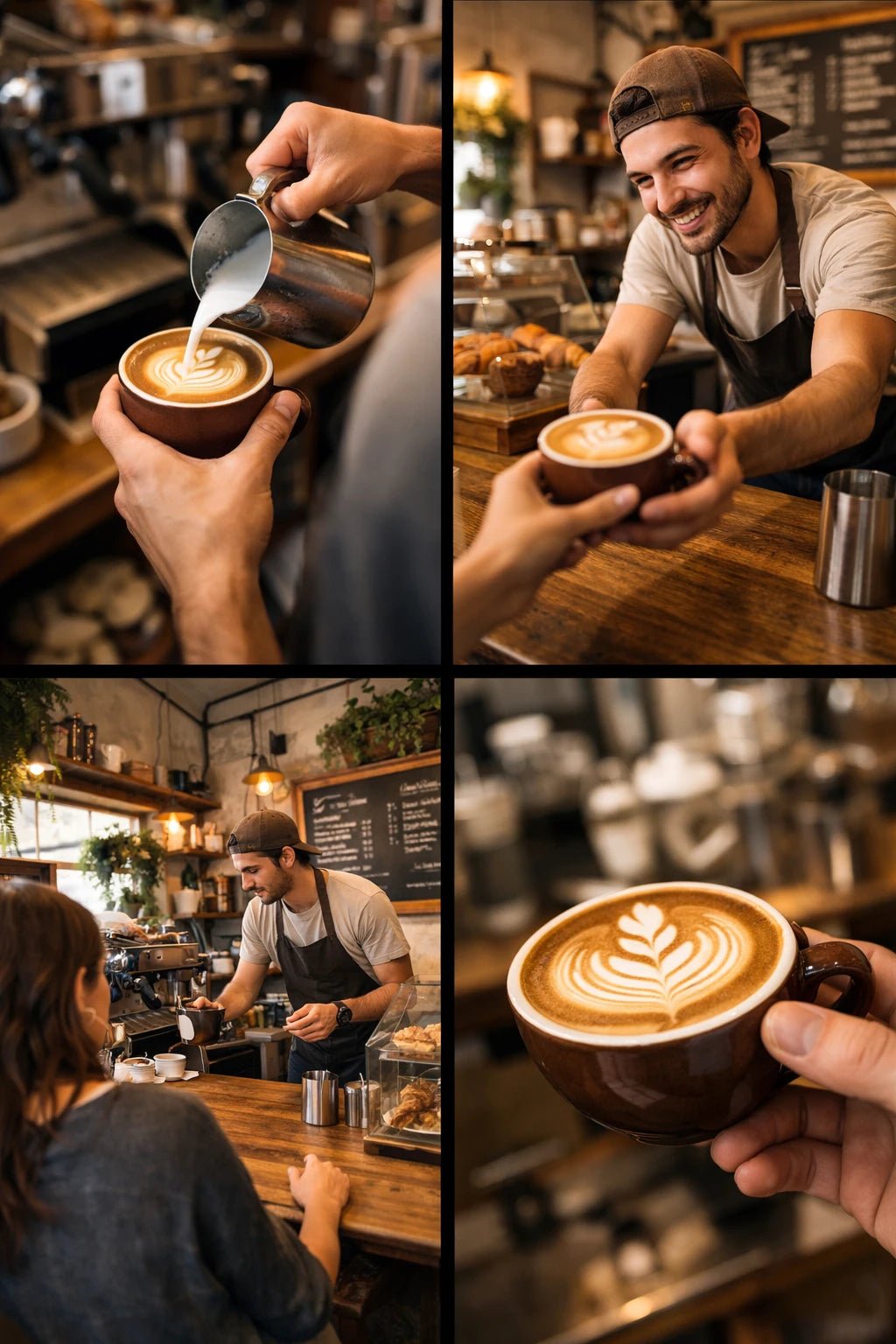 4-angle photo grid showing the same scene from wide, medium interaction, close-up detail, and dynamic perspective for shot planning: Latte