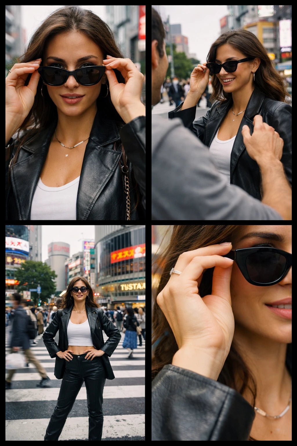 4-angle photo grid showing the same scene from wide, medium interaction, close-up detail, and dynamic perspective for shot planning: Model