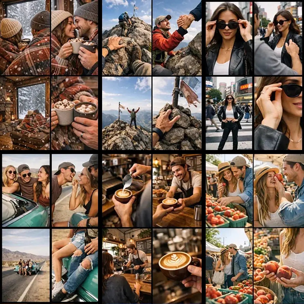 Example output from the 4angle Dynamic Scene Planners ChatGPT prompt: a 4-angle photo grid showing the same scene from wide, medium interaction, close-up detail, and dynamic perspective for shot planning.