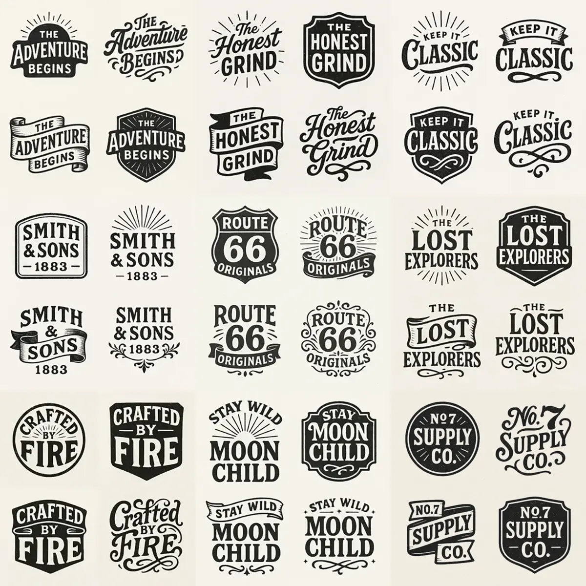 Example output from the 4 Vintage Logo Design Alternatives ChatGPT prompt: four black-and-white retro logo designs in a grid layout, featuring badge-style typography with distressed ink textures, emblems, and customizable text on a neutral background.