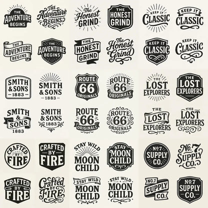 Example output from the 4 Vintage Logo Design Alternatives ChatGPT prompt: four black-and-white retro logo designs in a grid layout, featuring badge-style typography with distressed ink textures, emblems, and customizable text on a neutral background.
