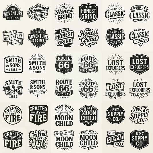 Example output from the 4 Vintage Logo Design Alternatives ChatGPT prompt: four black-and-white retro logo designs in a grid layout, featuring badge-style typography with distressed ink textures, emblems, and customizable text on a neutral background.