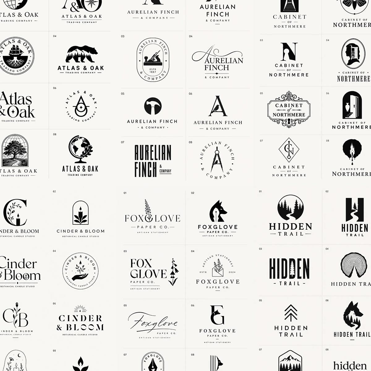 Example output from the 8 Brand Logo Concept Sheets ChatGPT prompt: a montage of black-and-white logo concept boards, each presenting eight polished logo directions — wordmarks, monograms, emblems and pictorial marks — for different fictional brands.