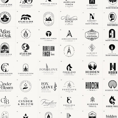 Example output from the 8 Brand Logo Concept Sheets ChatGPT prompt: a montage of black-and-white logo concept boards, each presenting eight polished logo directions — wordmarks, monograms, emblems and pictorial marks — for different fictional brands.