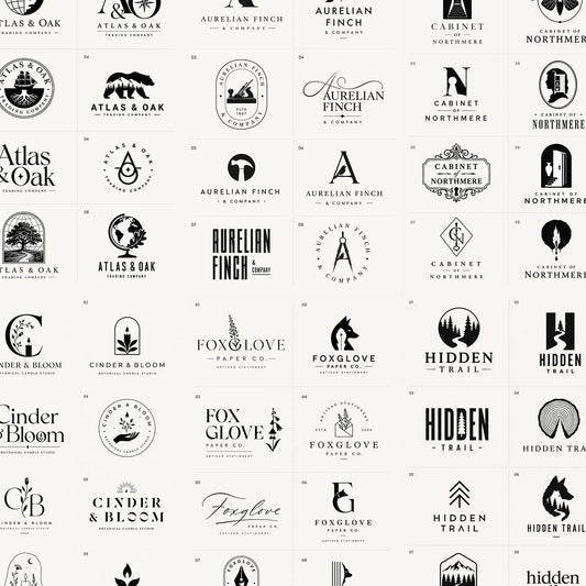 Example output from the 8 Brand Logo Concept Sheets ChatGPT prompt: a montage of black-and-white logo concept boards, each presenting eight polished logo directions — wordmarks, monograms, emblems and pictorial marks — for different fictional brands.