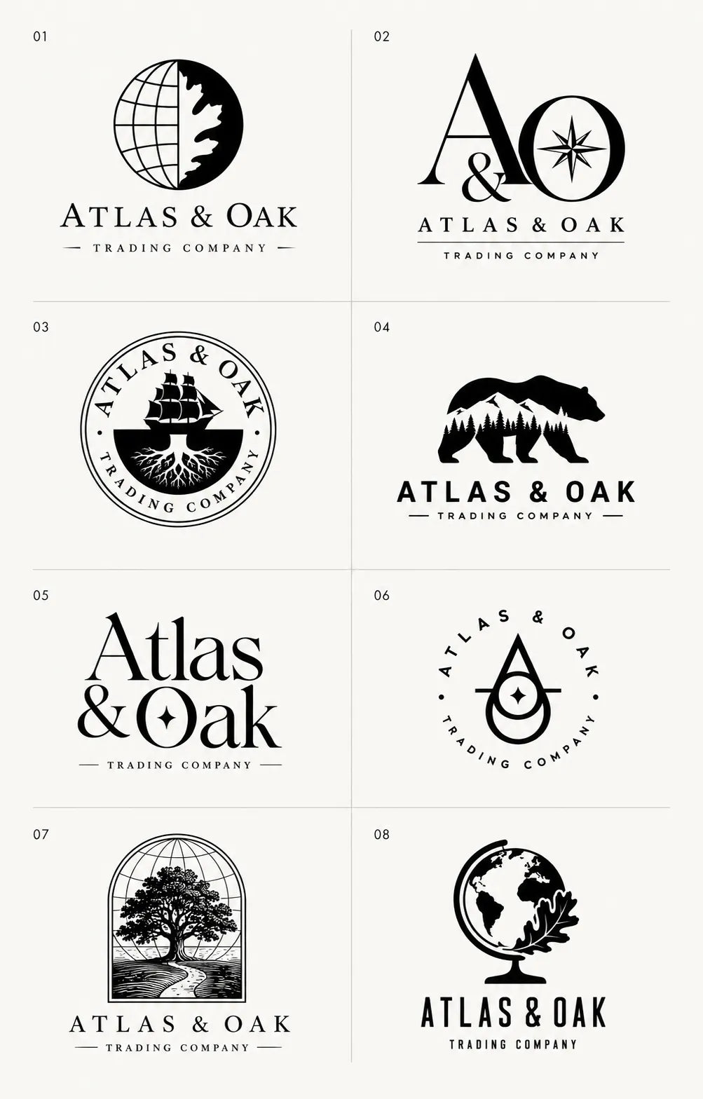Example output from the 8 Brand Logo Concept Sheets ChatGPT prompt: an eight-logo concept sheet for 'Atlas & Oak Trading Company', mixing globe, sailing ship, bear and oak-tree marks with serif wordmarks in black and white.