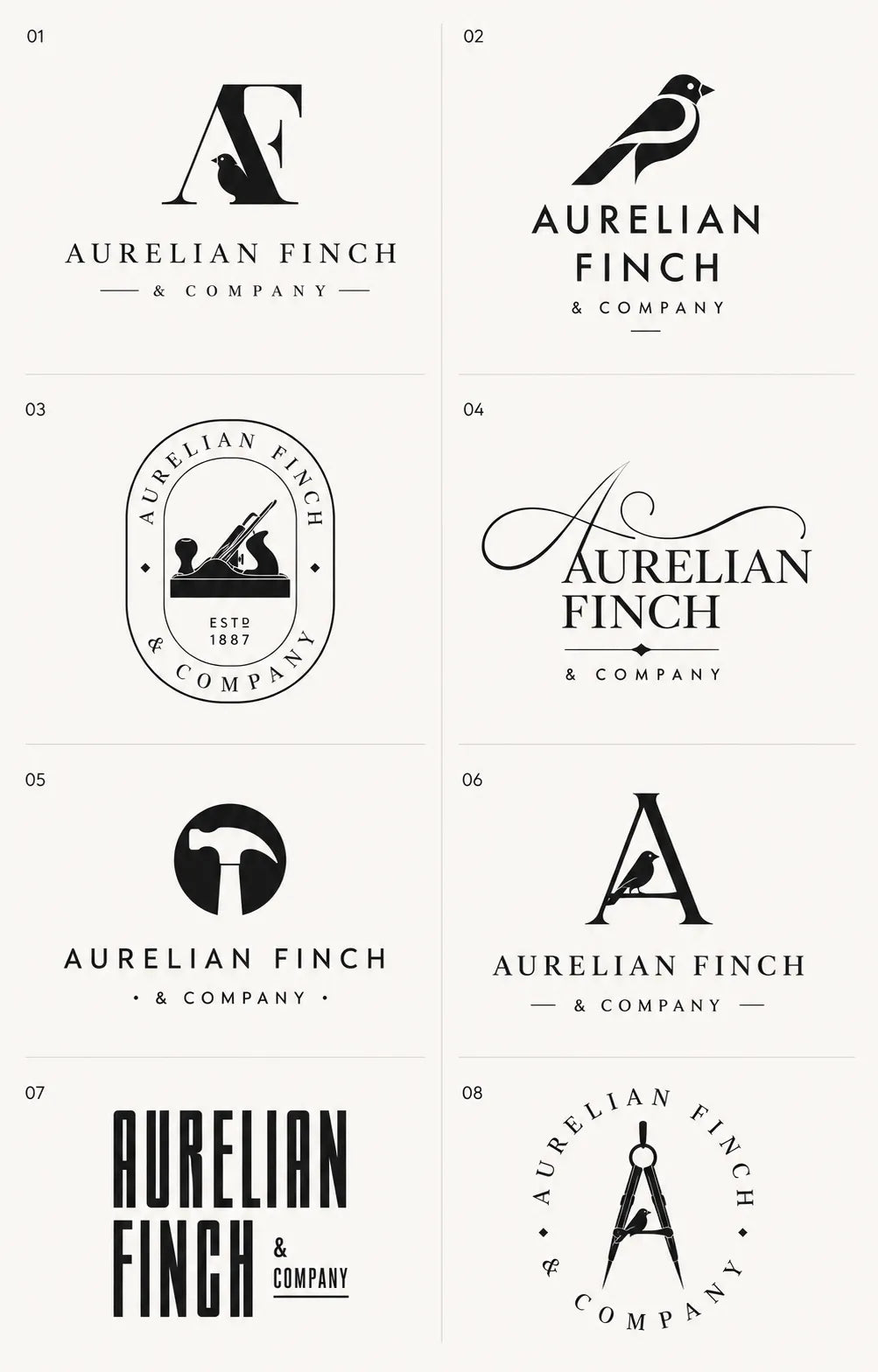Example output from the 8 Brand Logo Concept Sheets ChatGPT prompt: an eight-logo concept sheet for 'Aurelian Finch & Company', featuring finch birds, AF monograms and elegant serif wordmarks in black and white.