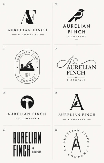 Example output from the 8 Brand Logo Concept Sheets ChatGPT prompt: an eight-logo concept sheet for 'Aurelian Finch & Company', featuring finch birds, AF monograms and elegant serif wordmarks in black and white.