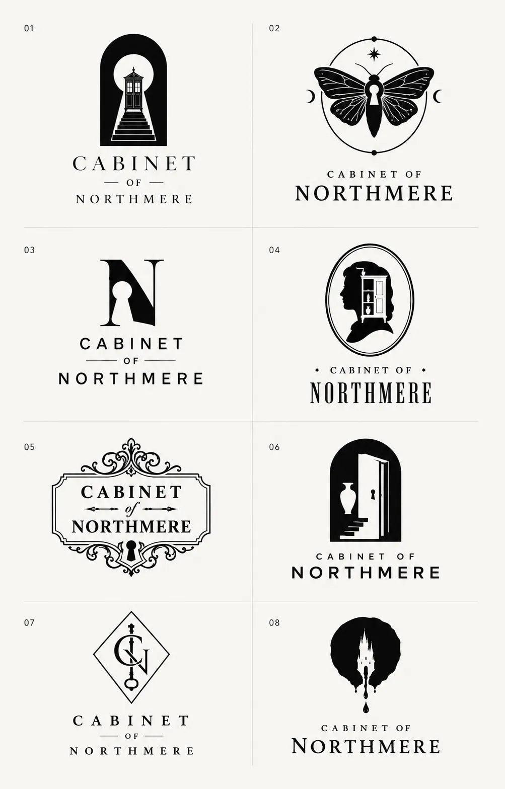 Example output from the 8 Brand Logo Concept Sheets ChatGPT prompt: an eight-logo concept sheet for 'Cabinet of Northmere', built around keyholes, doorways, a moth and ornate frames in black and white.