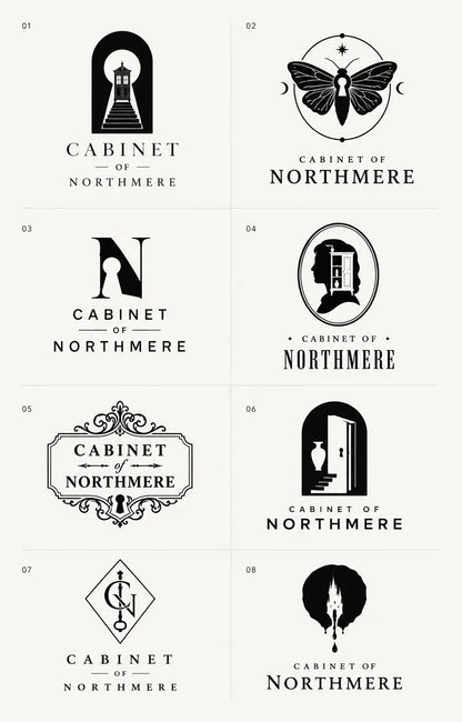 Example output from the 8 Brand Logo Concept Sheets ChatGPT prompt: an eight-logo concept sheet for 'Cabinet of Northmere', built around keyholes, doorways, a moth and ornate frames in black and white.