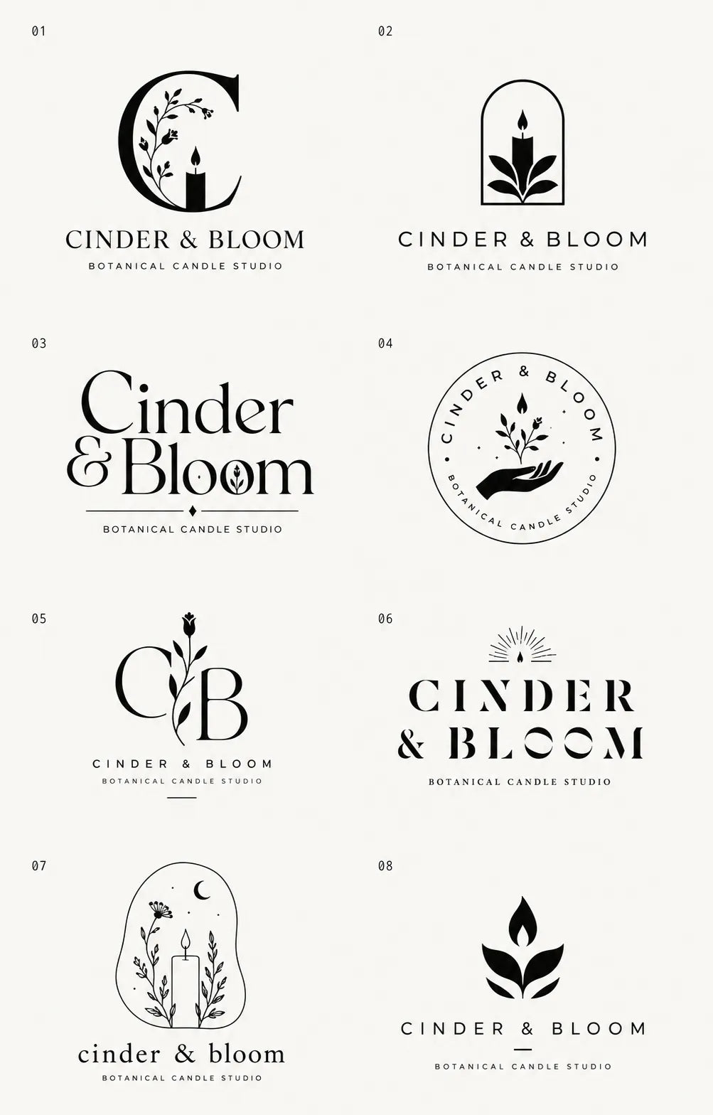 Example output from the 8 Brand Logo Concept Sheets ChatGPT prompt: an eight-logo concept sheet for 'Cinder & Bloom Botanical Candle Studio', combining candles, florals and CB monograms in black and white.