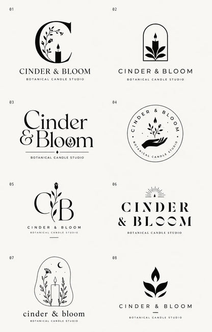 Example output from the 8 Brand Logo Concept Sheets ChatGPT prompt: an eight-logo concept sheet for 'Cinder & Bloom Botanical Candle Studio', combining candles, florals and CB monograms in black and white.