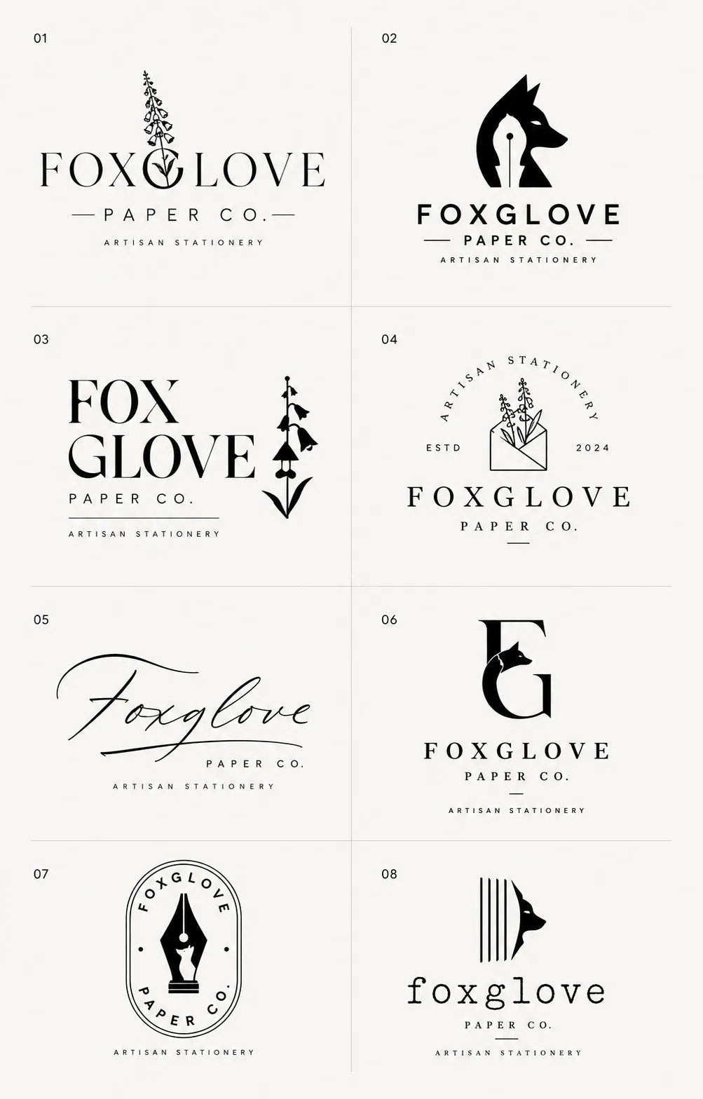 Example output from the 8 Brand Logo Concept Sheets ChatGPT prompt: an eight-logo concept sheet for 'Foxglove Paper Co.', pairing fox, foxglove flower and fountain-pen marks with refined wordmarks in black and white.