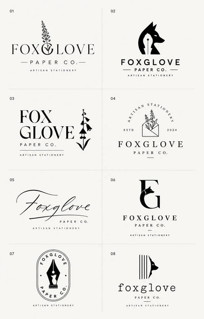 Example output from the 8 Brand Logo Concept Sheets ChatGPT prompt: an eight-logo concept sheet for 'Foxglove Paper Co.', pairing fox, foxglove flower and fountain-pen marks with refined wordmarks in black and white.