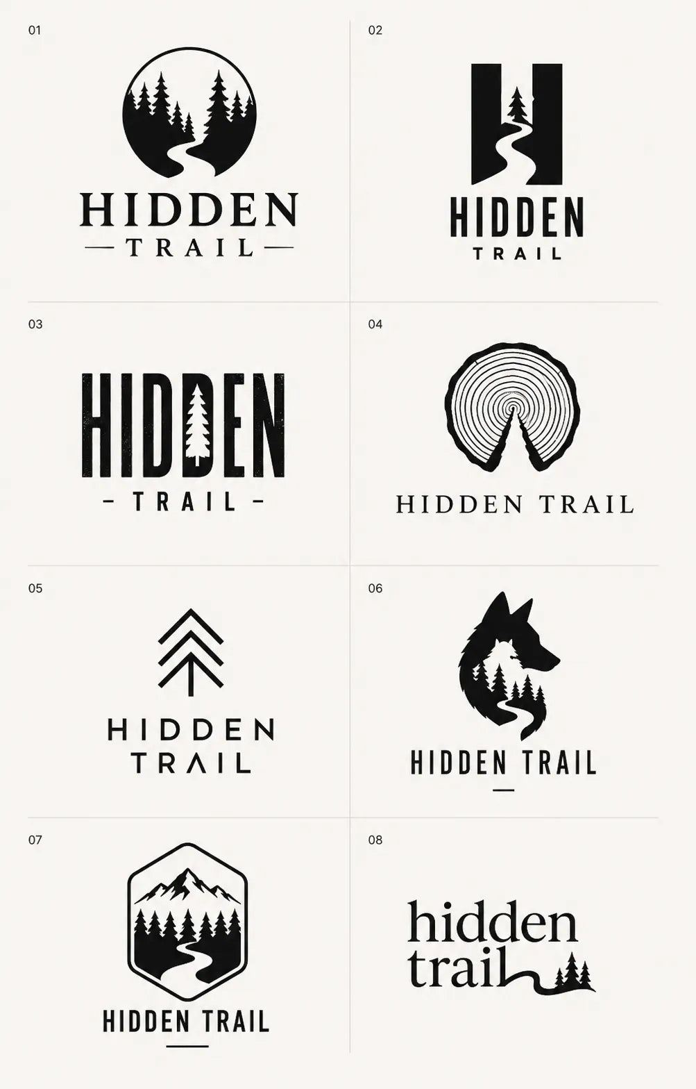 Example output from the 8 Brand Logo Concept Sheets ChatGPT prompt: an eight-logo concept sheet for 'Hidden Trail', using pine forests, winding paths, a wolf and rugged wordmarks in black and white.