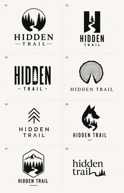 Example output from the 8 Brand Logo Concept Sheets ChatGPT prompt: an eight-logo concept sheet for 'Hidden Trail', using pine forests, winding paths, a wolf and rugged wordmarks in black and white.
