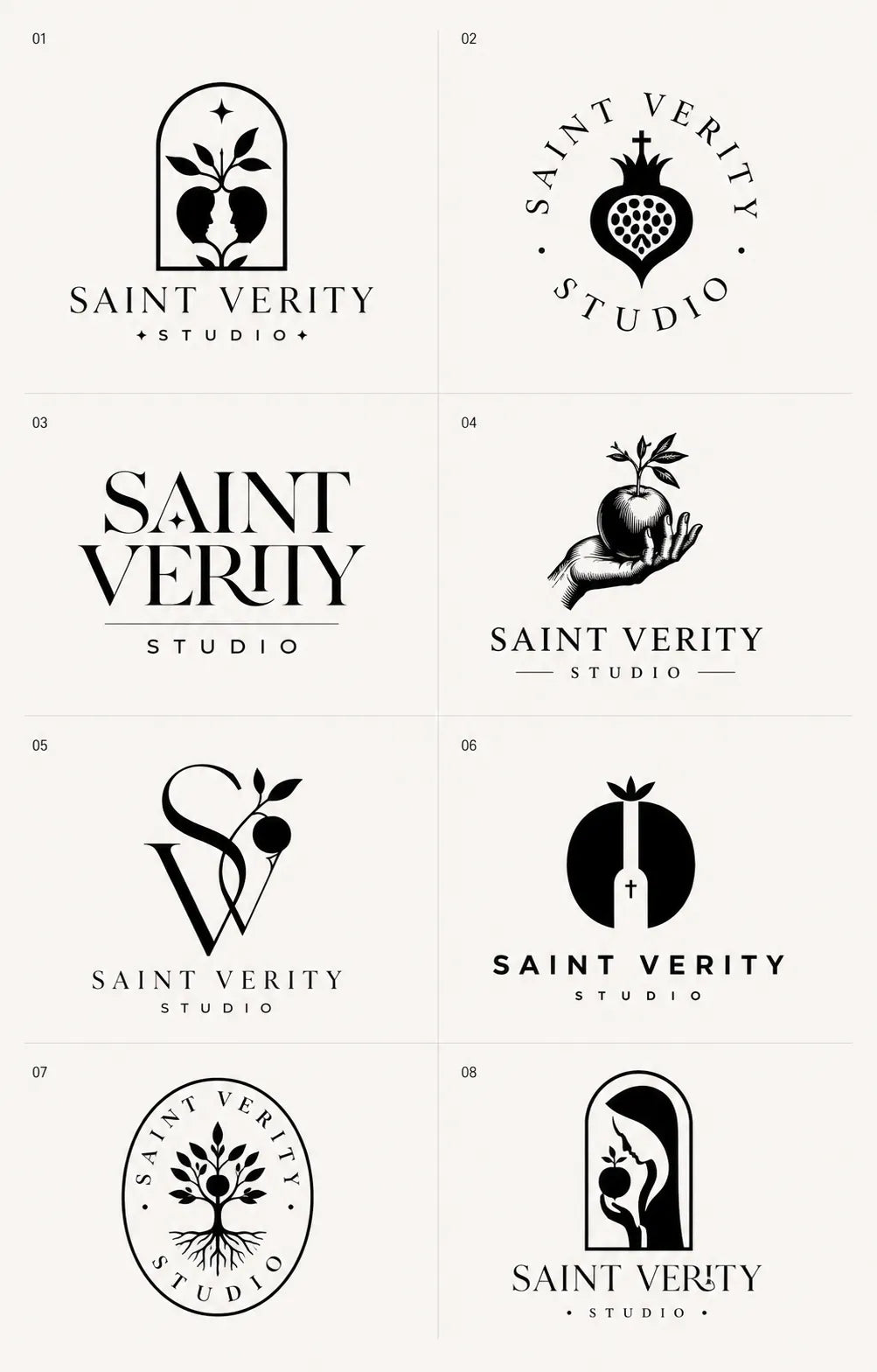Example output from the 8 Brand Logo Concept Sheets ChatGPT prompt: an eight-logo concept sheet for 'Saint Verity Studio', featuring pomegranates, trees, hands and serif monograms in black and white.