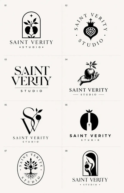 Example output from the 8 Brand Logo Concept Sheets ChatGPT prompt: an eight-logo concept sheet for 'Saint Verity Studio', featuring pomegranates, trees, hands and serif monograms in black and white.