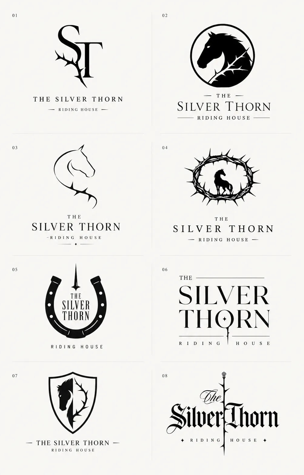 Example output from the 8 Brand Logo Concept Sheets ChatGPT prompt: an eight-logo concept sheet for 'The Silver Thorn Riding House', combining horses, thorns, a horseshoe and elegant wordmarks in black and white.