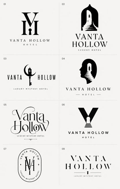 Example output from the 8 Brand Logo Concept Sheets ChatGPT prompt: an eight-logo concept sheet for 'Vanta Hollow Hotel', built around keyholes, doorways, staircases and VH monograms in black and white.