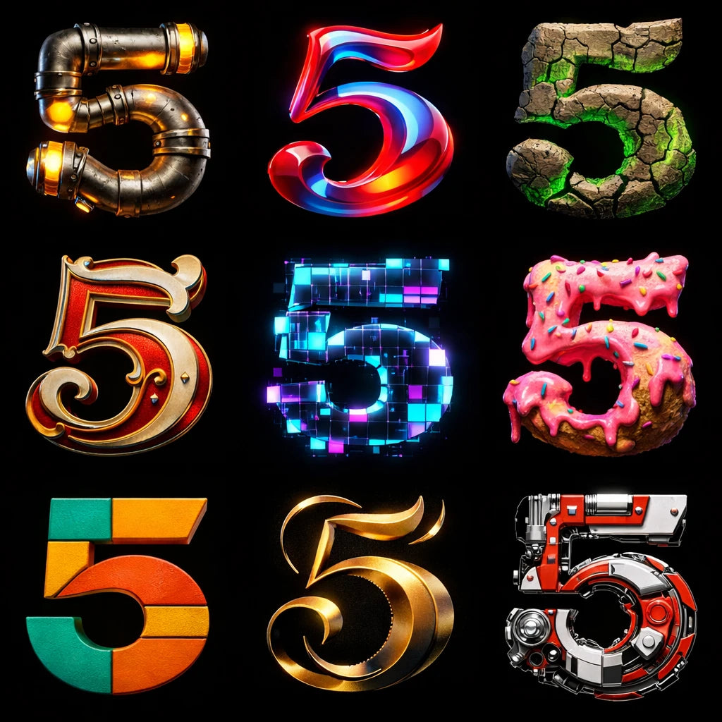 Example output from the 9 Radical Letterform Explorer ChatGPT prompt: a 3×3 grid of the numeral '5' in nine wildly different styles and materials such as chrome, pixel, stone, gold and neon, on a black background.