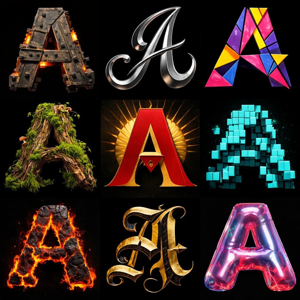 Example output from the 9 Radical Letterform Explorer ChatGPT prompt: a 3×3 grid of the letter 'A' rendered nine radically different ways — riveted iron, chrome script, stained glass, mossy wood, red-and-gold, teal cubes, molten lava, gothic gold and glossy pink balloon — on a black background.